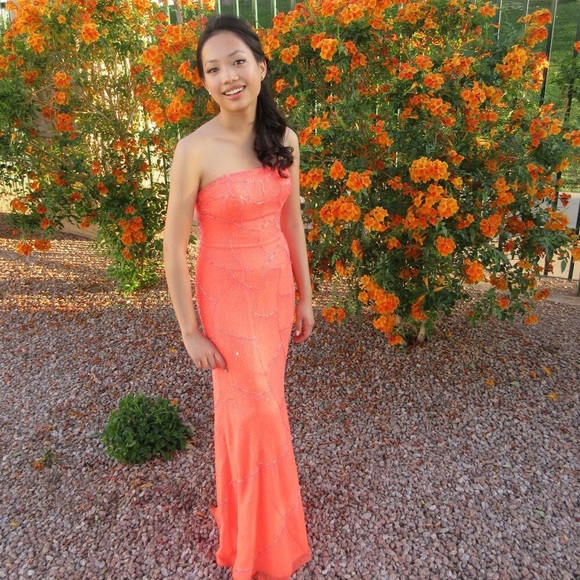 Coral Prom Dress w/ Elaborate Beading - Picture 4 of 5